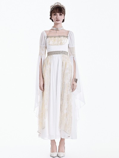 Dark in Love White and Gold Rose Lace Regency Gothic Chiffon Maxi Dress