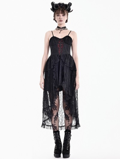 Dark in Love Black Gothic Coffin Cross High-Low Ruffled Lace Camisole Dress