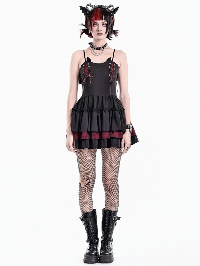 Dark in Love Black and Red Gothic Devil Horn Tiered Lolita Corset Dress