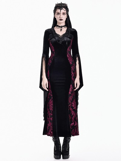 Dark in Love Black and Red Baroque Velvet Gothic Maxi Fishtail Dress