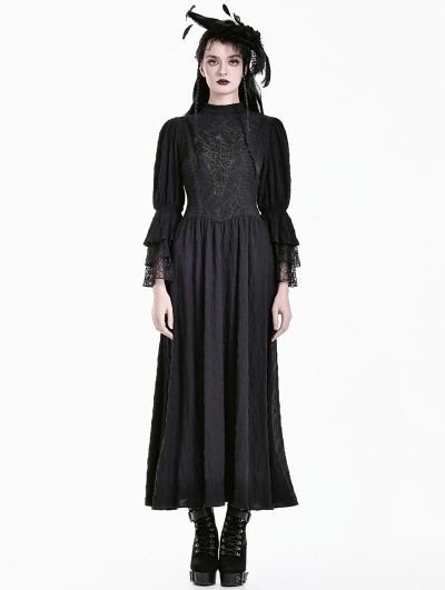 Dark in Love Black Gothic Victorian Embroidery Lace Bell Sleeves Maxi Dress