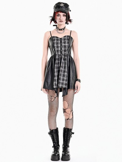 Dark in Love Black and Grey Plaid Punk Gothic Skull Rivets Suspender Dress