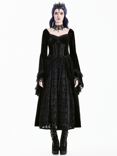 Dark in Love Black Victorian Gothic Burnout Lace Velvet Dress