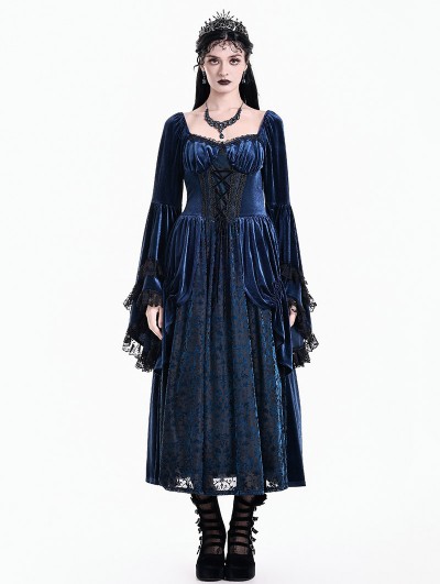 Dark in Love Royal Blue Victorian Gothic Burnout Lace Velvet Dress