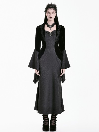 Dark in Love Black Gothic Faux Two-Piece Jacquard Velvet Fishtail Maxi Dress