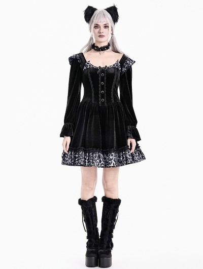 Dark in Love Black Gothic Sweet Cool Silver Leopard Print Spliced Velvet Dress