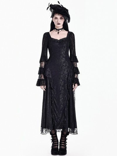 Dark in Love Black Victorian Gothic Rose Jacquard Mesh Lace Maxi Dress