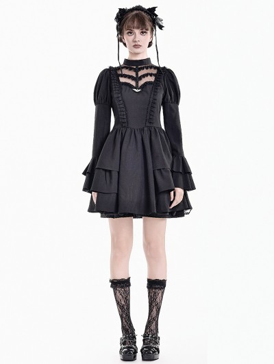 Dark in Love Black Gothic Illusion Mesh Skeletal Lace Ruffle Mini Dress