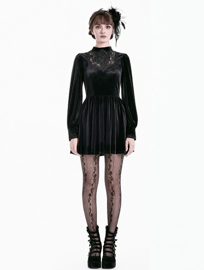 Dark in Love Black Gothic Courtly Embroidery Lace Velvet Mini Dress