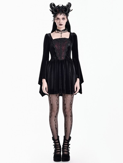Dark in Love Black and Red Gothic Lace Sequin Embroidered Velvet Mini Dress