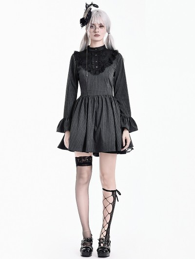 Dark in Love Grey Academmic Dark Victorian Gothic Pinstripe Ruffled Dress