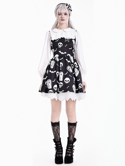 Dark in Love Black and White Sweet Gothic Skull Print Faux Two-Piece Dress
