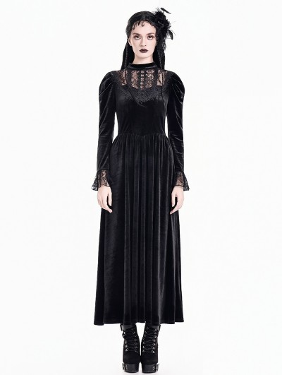 Dark in Love Black Romantic Gothic Puff Sleeves Velvet Long Dress