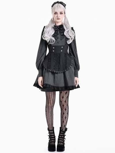 Dark in Love Black and Grey Dark Gothic Maid Striped Ruffle Short Dress