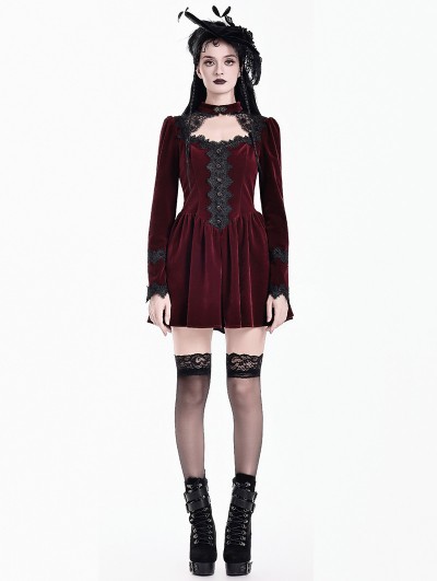 Dark in Love Wine Red Velvet Black Lace Romantic Gothic Velvet Mini Dress