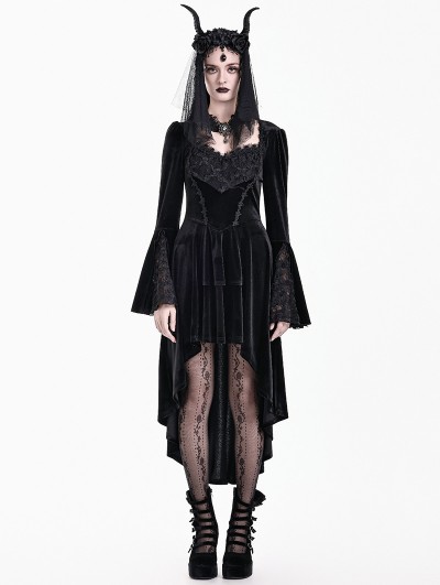Dark in Love Black Gothic Midnight Rose Lace Velvet High-Low Dress