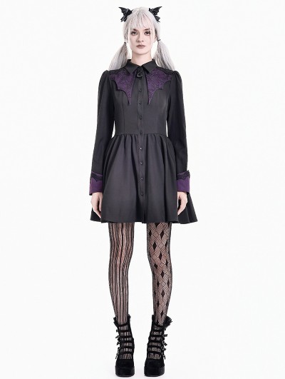 Dark in Love Black and Purple Gothic Spiderweb Lace Batwing Shirt Collar Dress