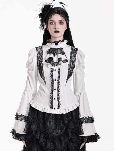 Dark in Love White and Black Lace Gothic Lolita Bell Sleeve Blouse for Women