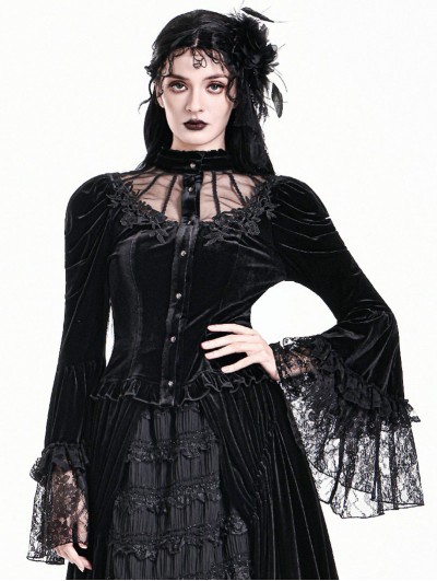 Dark in Love Black Gothic Illusion Neck Ruched Bell Sleeve Velvet Blouse for Women