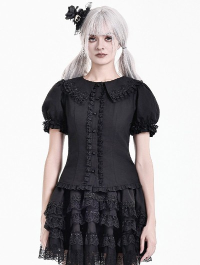 Dark in Love Black Gothic Lolita Heart-Crown Lace Puff Sleeve Blouse for Women