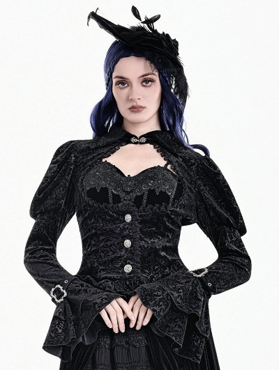 Dark in Love Black Baroque Velvet Gothic Heart Cutout Bell Sleeve Jacket for Women