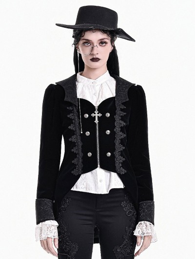 Dark in Love Black Gothic Cross Zipper Velvet Tailcoat Jacket for Women