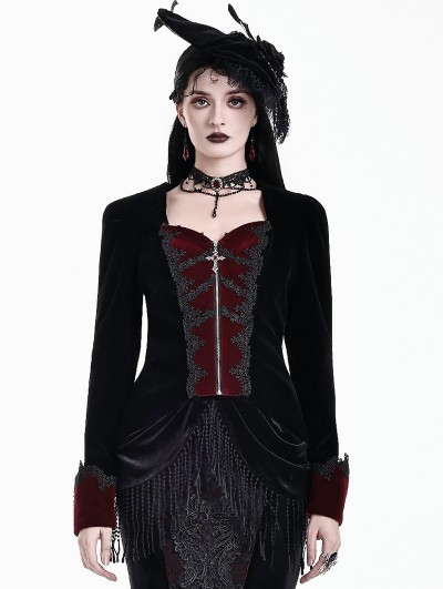 Dark in Love Black and Red Gothic Cross Zipper Velvet Tailcoat Jacket for Women