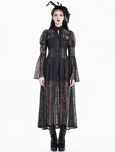 Dark in Love Black Romantic Gothic Floral Hollow Lace Maxi Duster Coat for Women