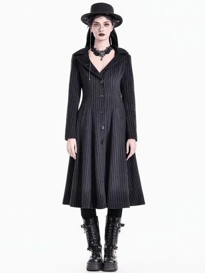 Dark in Love Black Gothic Spiderweb Lace Pinstripe Woolen Long Coat for Women