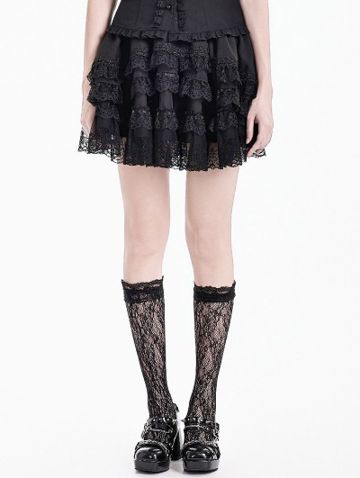 Dark in Love Black Gothic Lolita Rose Cross Lace Flounce Skirt