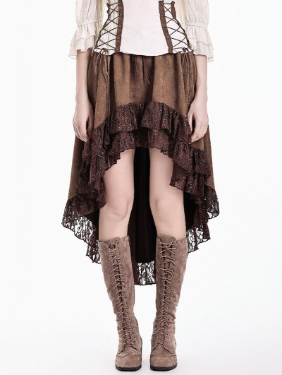 Dark in Love Brown Steampunk Gothic Lace Flounce High-Low Suede Skirt