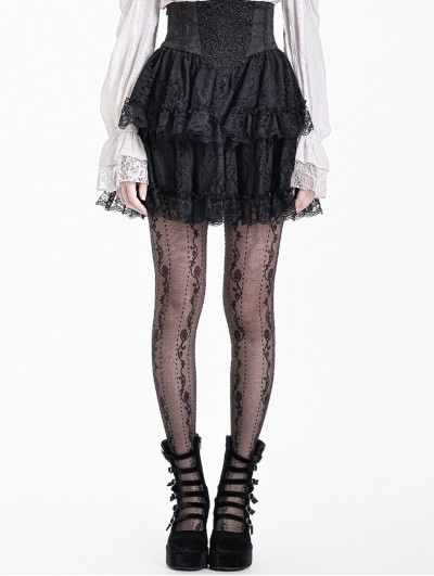 Dark in Love Black Gothic Lolita Baroque Lace Applique Tiered Ruffle Skirt