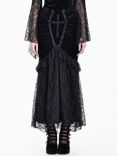 Dark in Love Black Gothic Coffin Cross Lace Applique Velvet Fishtail Skirt