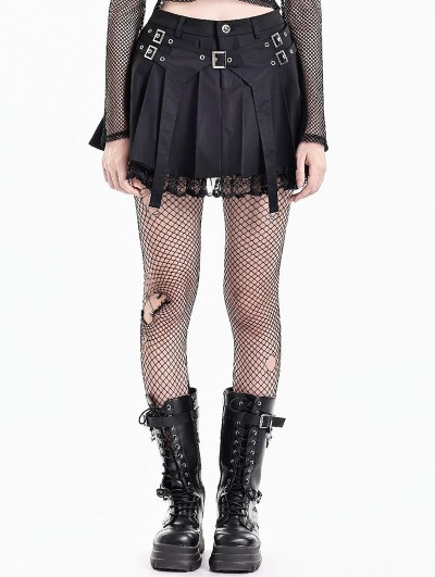 Dark in Love Black Gothic Punk Buckle Lace Hem Pleated Mini Skirt