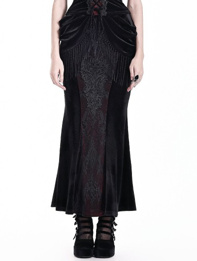Dark in Love Black and Red Gothic Beaded Tassel Lace Velvet Mermaid Skirt
