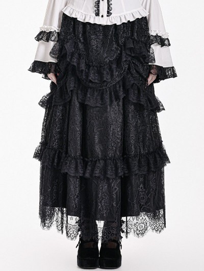 Dark in Love Black Gothic Romantic Lace Tiered Ruffle Maxi Skirt