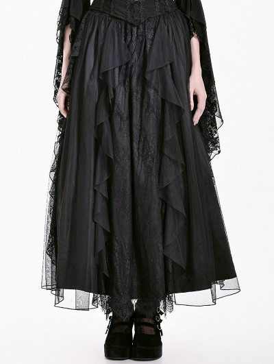 Dark in Love Black Gothic Baroque Lace Layered Mesh Ruffle Maxi Skirt