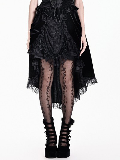 Dark in Love Black Gothic Thorn Rose Velvet High-Low Swallowtail Maxi Skirt