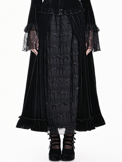 Dark in Love Black Gothic Layered Pleated Mesh Velvet A-Line Maxi Skirt