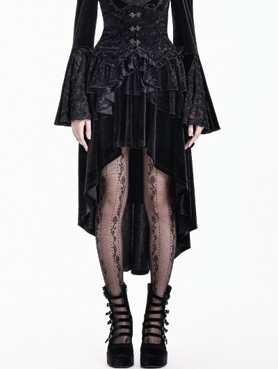 Dark in Love Black Gothic Embossed Velvet Tiered Ruffle High-Low Corset Skirt