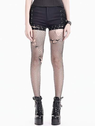 Dark in Love Black Gothic Punk Lace-Up Eyelet Shorts for Women