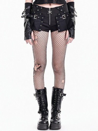 Dark in Love Black Gothic Skull Zipper Tactical Punk Shorts for Women