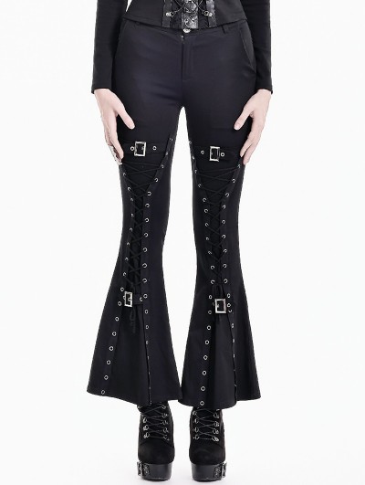 Dark in Love Black Gothic Punk Grommet Buckled Strap Flare Pants for Women