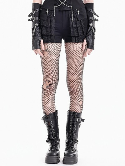 Dark in Love Black Gothic Punk Sword Zipper Lace Panel Shorts for Women