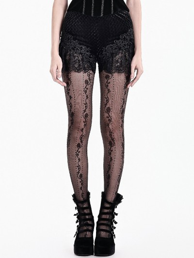Dark in Love Black Gothic Floral Lace Embossed Velvet Shorts for Women