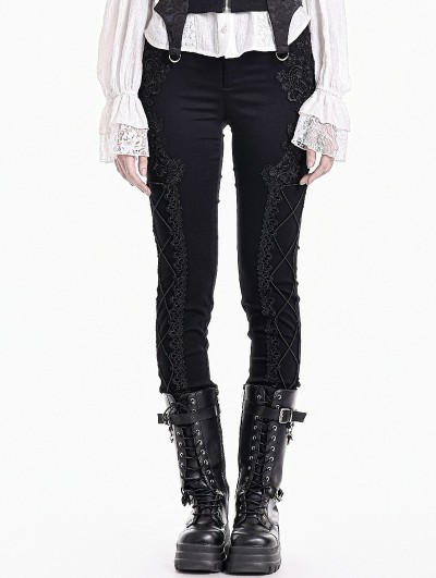 Dark in Love Black Gothic Victorian Floral Applique Lace-Up Skinny Pants for Women