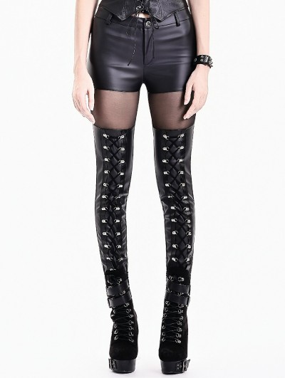 Dark in Love Black Gothic Punk Faux Leather Sheer Mesh Skinny Pants for Women