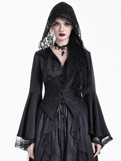 Dark in Love Black Gothic Cross Lace Hooded Satin Blouse for Women