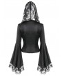 Dark in Love Black Gothic Cross Lace Hooded Satin Blouse for Women