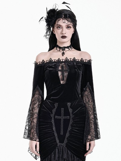 Dark in Love Black Gothic Off-Shoulder Cross Lace Bell Sleeve Top for Women